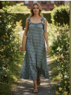 Ex Voto Iris Blue Tie-Shoulder Floral Maxi Dress XS/S NWT Boho Cotton Sundress